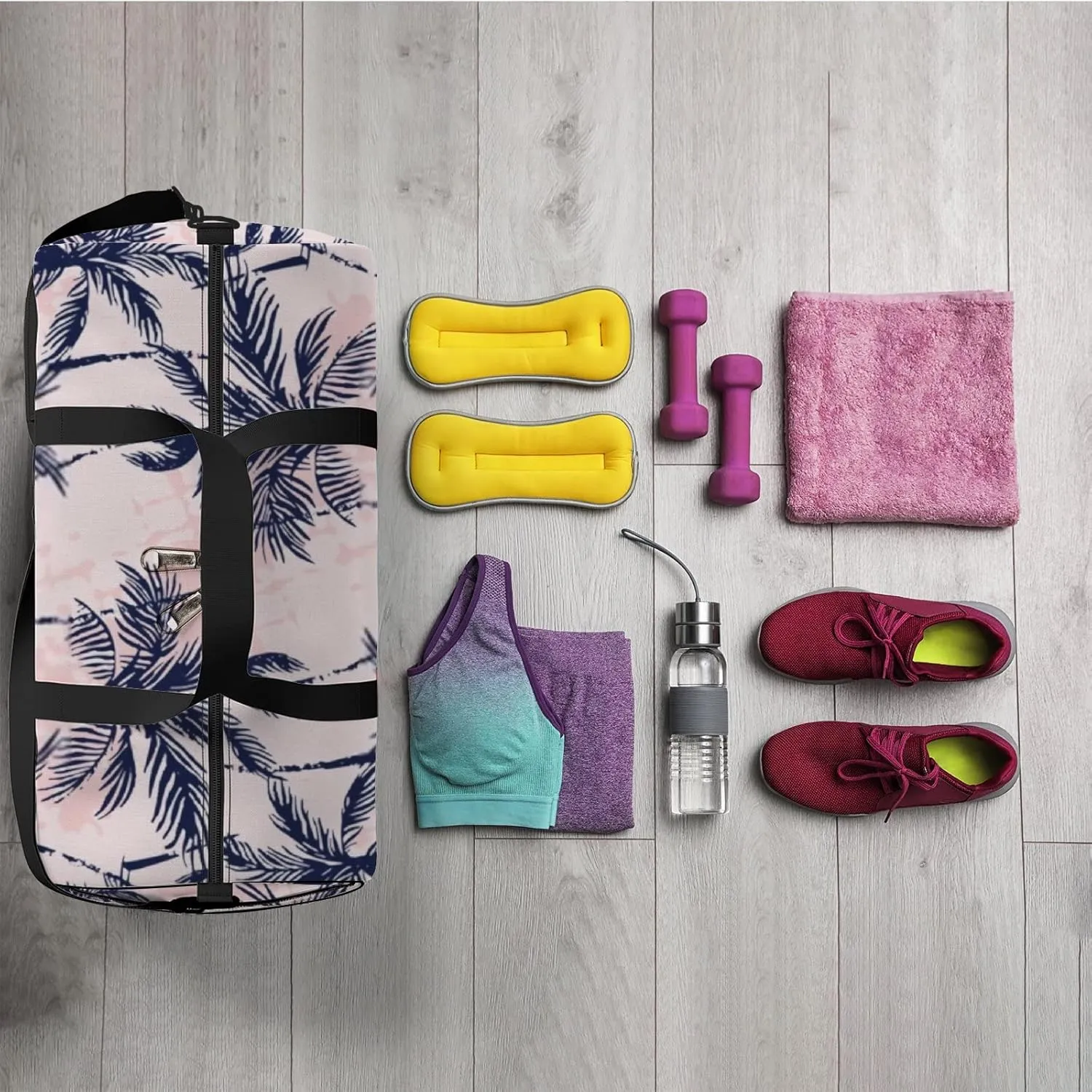 Sports Gym Bag for Women and Men Waterproof Abstract Tropics Grunge Palm Trees Silhouettes Duffel Bag Lightweight Carryon Traveling Boarding Gripsack