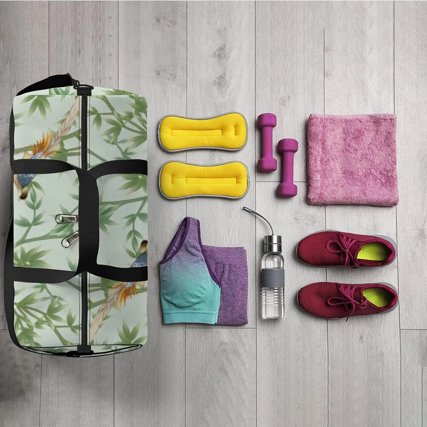 Sports Gym Bag for Women and Men Waterproof Bamboo Birds Green Duffel Bag Lightweight Carryon Traveling Boarding Gripsack