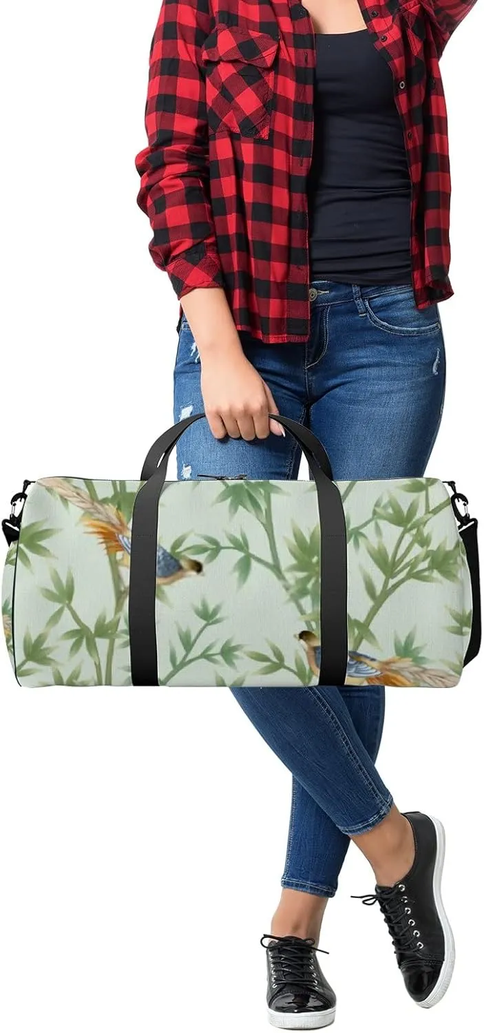 Sports Gym Bag for Women and Men Waterproof Bamboo Birds Green Duffel Bag Lightweight Carryon Traveling Boarding Gripsack