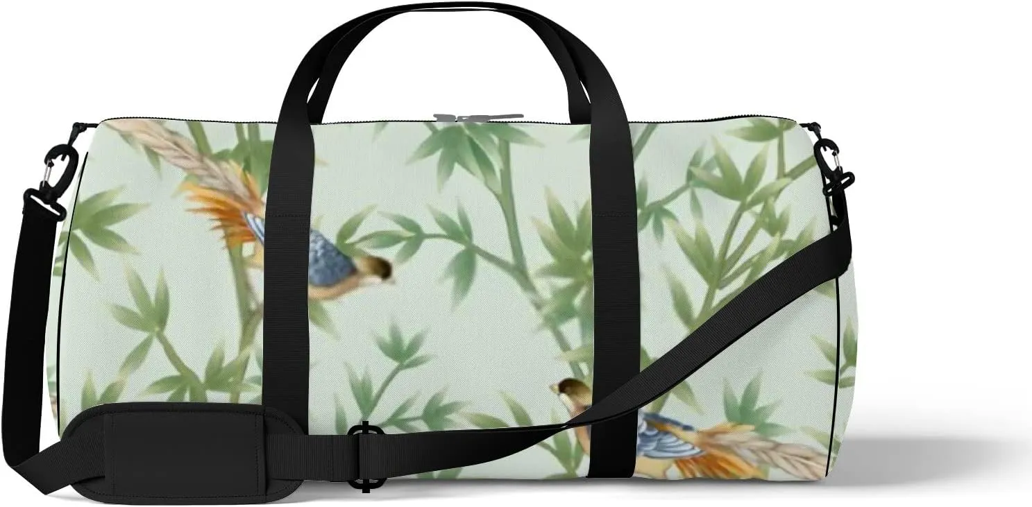Sports Gym Bag for Women and Men Waterproof Bamboo Birds Green Duffel Bag Lightweight Carryon Traveling Boarding Gripsack