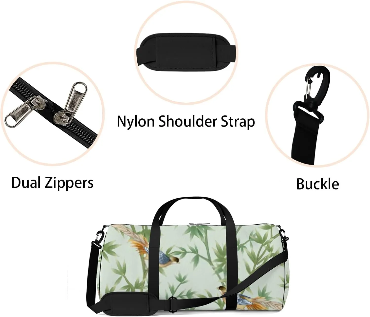 Sports Gym Bag for Women and Men Waterproof Bamboo Birds Green Duffel Bag Lightweight Carryon Traveling Boarding Gripsack