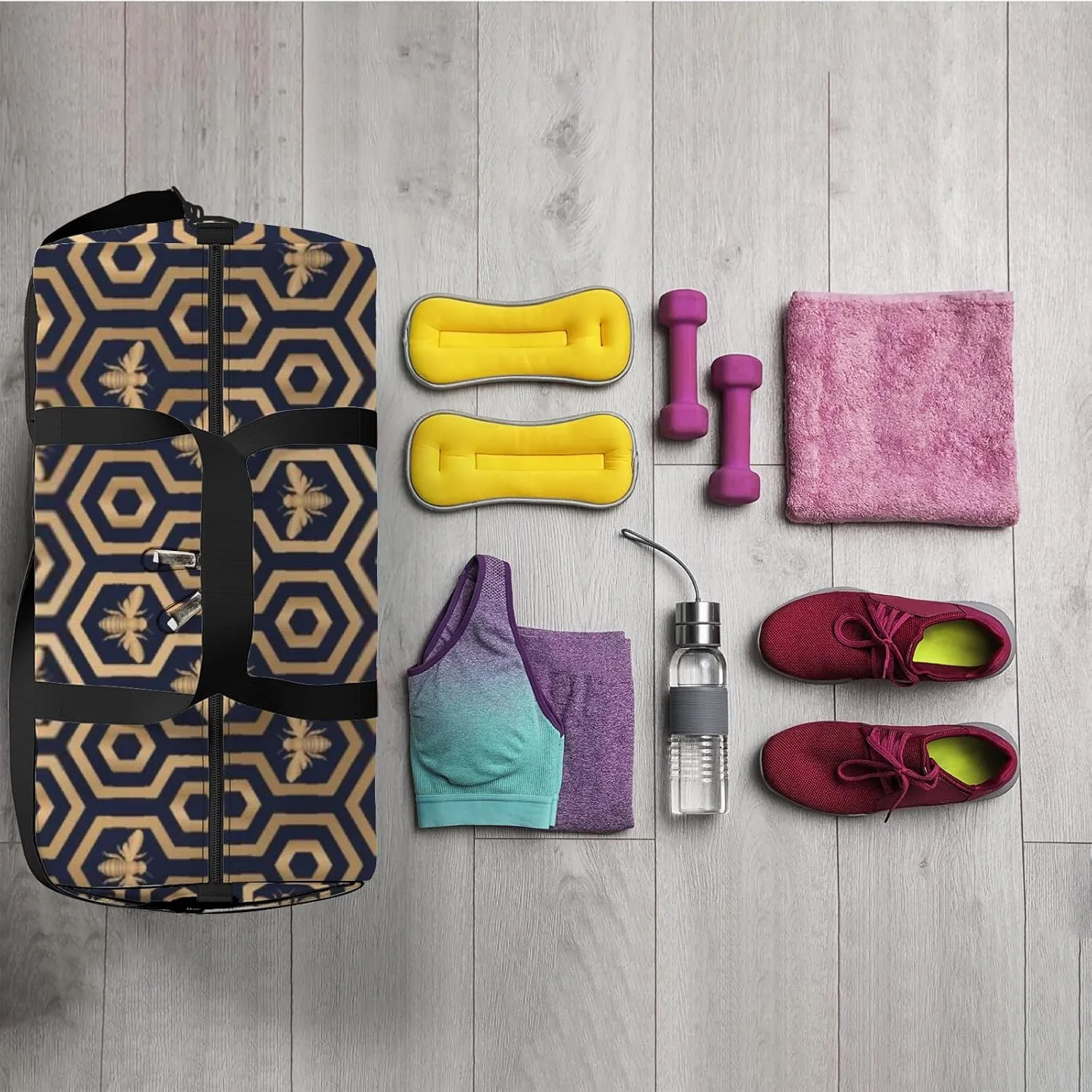 Sports Gym Bag for Women and Men Waterproof Bee Hive Hexagon Pattern Texture Design Duffel Bag Lightweight Carryon Traveling Boarding Gripsack