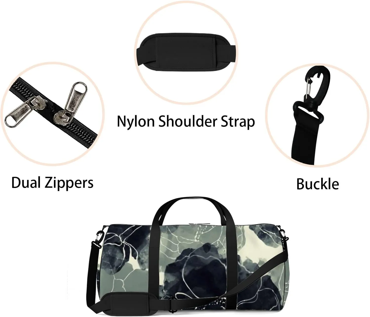 Sports Gym Bag for Women and Men Waterproof Boho Style Flowers Black Duffel Bag Lightweight Carryon Traveling Boarding Gripsack