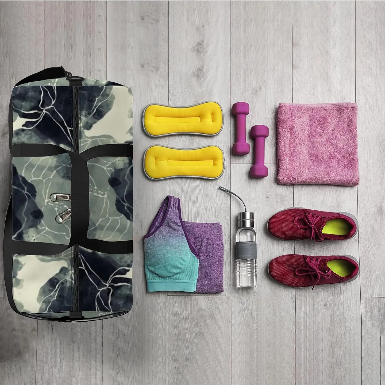 Sports Gym Bag for Women and Men Waterproof Boho Style Flowers Black Duffel Bag Lightweight Carryon Traveling Boarding Gripsack
