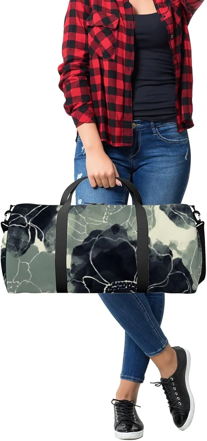 Sports Gym Bag for Women and Men Waterproof Boho Style Flowers Black Duffel Bag Lightweight Carryon Traveling Boarding Gripsack