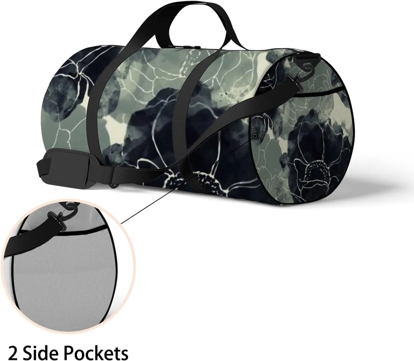 Sports Gym Bag for Women and Men Waterproof Boho Style Flowers Black Duffel Bag Lightweight Carryon Traveling Boarding Gripsack