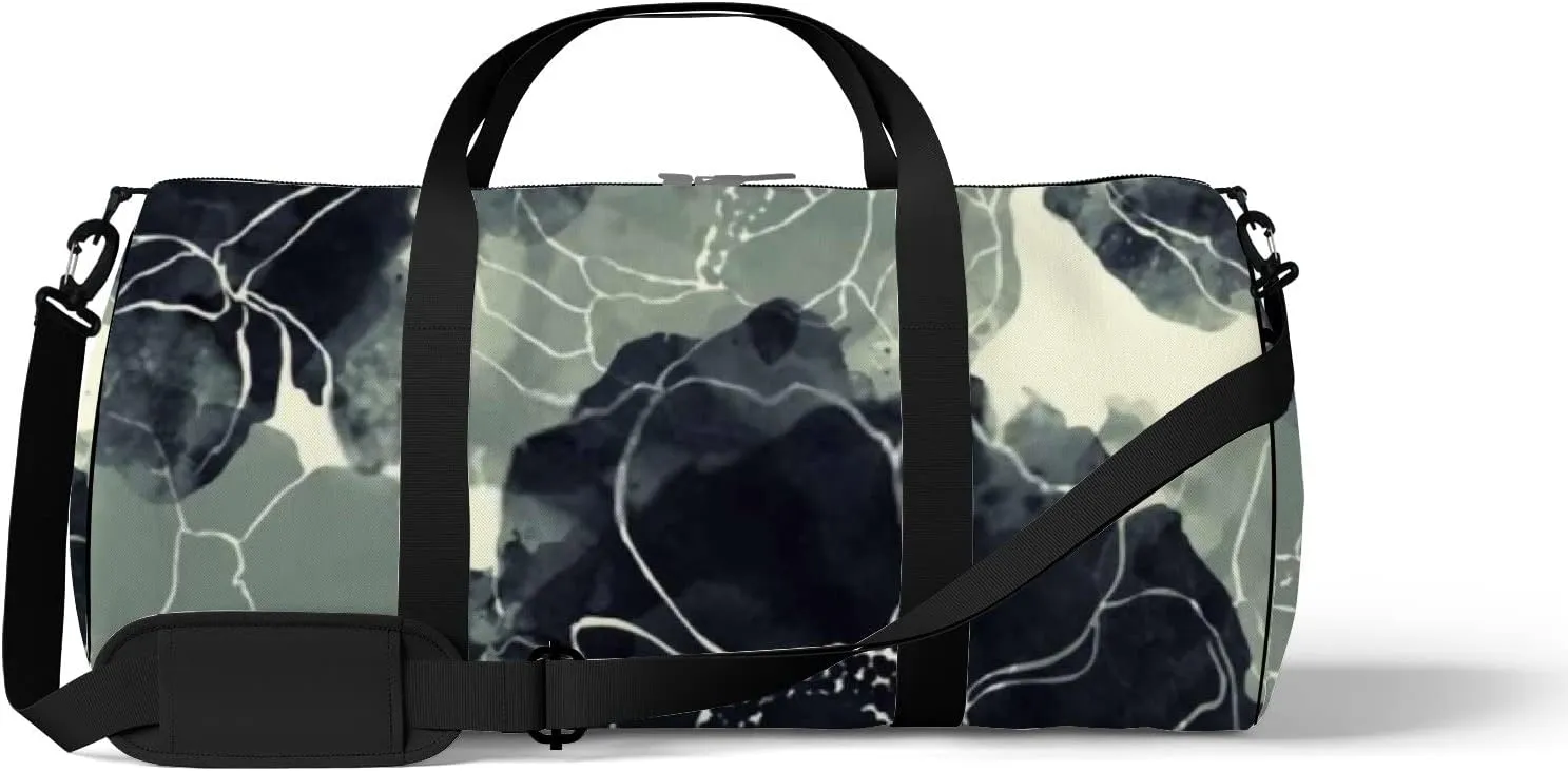 Sports Gym Bag for Women and Men Waterproof Boho Style Flowers Black Duffel Bag Lightweight Carryon Traveling Boarding Gripsack