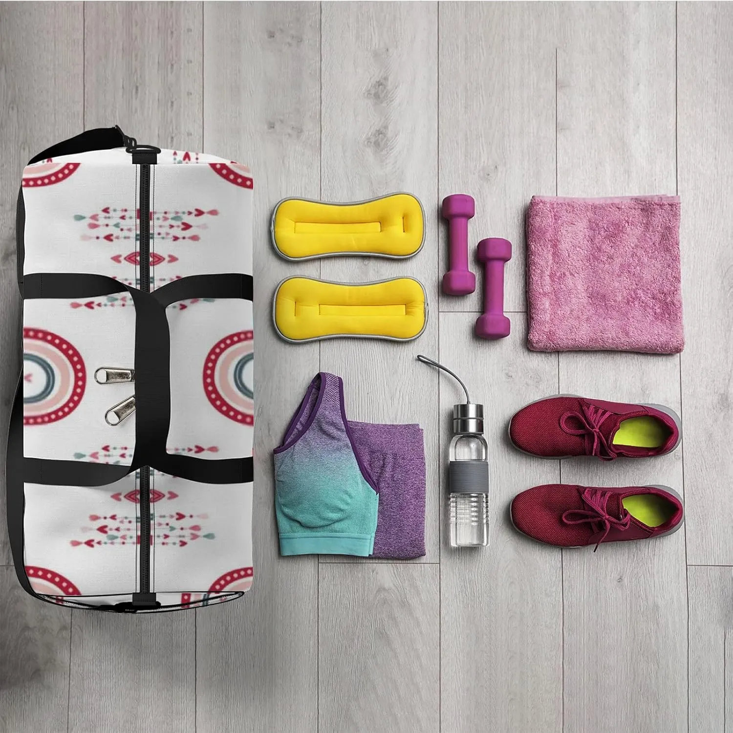 Sports Gym Bag for Women and Men Waterproof Boho Style Romantic Rainbow Heart Duffel Bag Lightweight Carryon Traveling Boarding Gripsack
