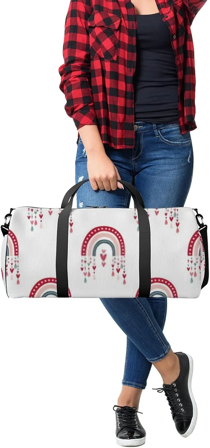 Sports Gym Bag for Women and Men Waterproof Boho Style Romantic Rainbow Heart Duffel Bag Lightweight Carryon Traveling Boarding Gripsack