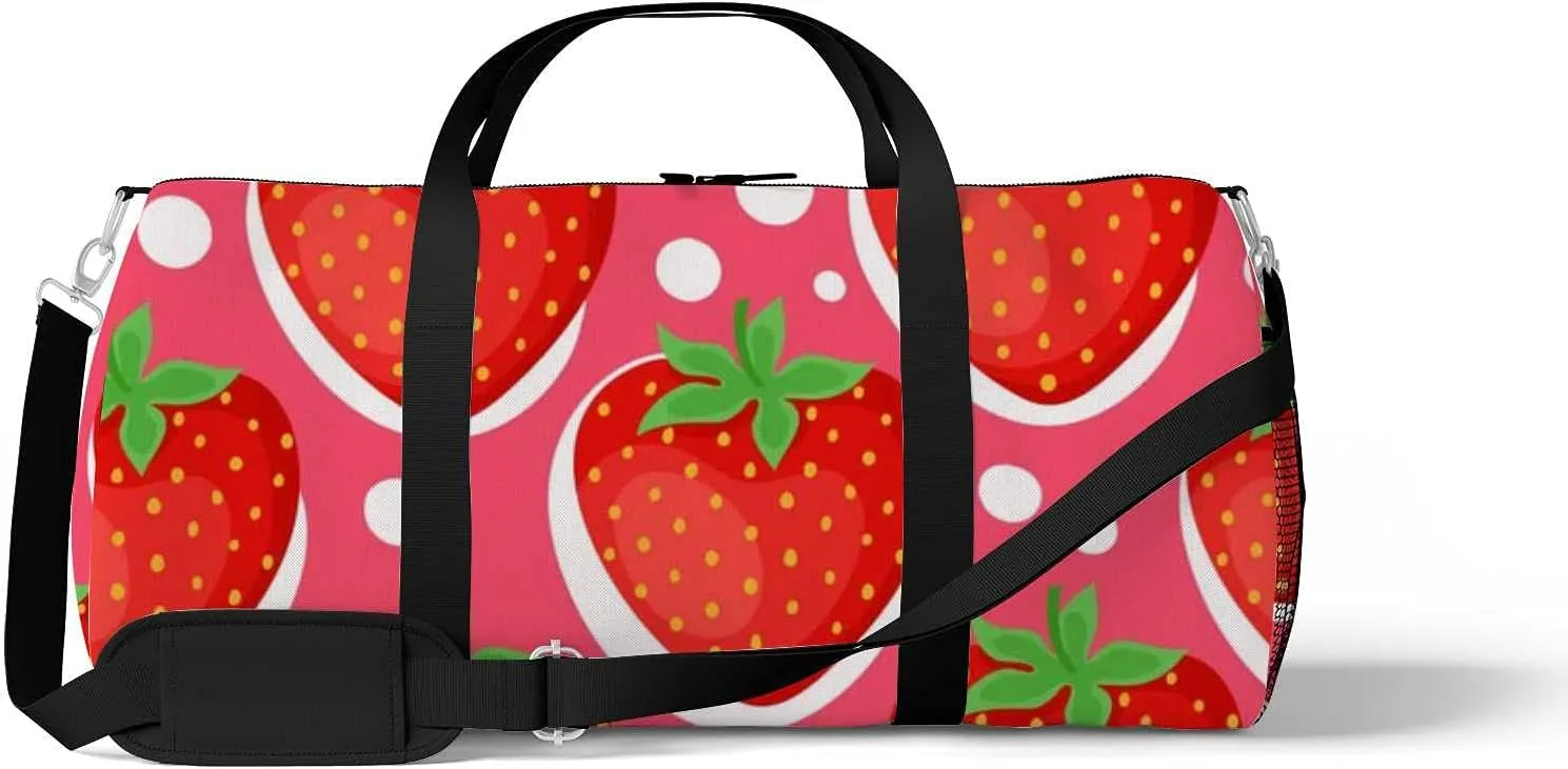 Sports Gym Bag for Women and Men Waterproof Cartoon Bright Strawberries Pattern Duffel Bag Lightweight Carryon Traveling Boarding Gripsack