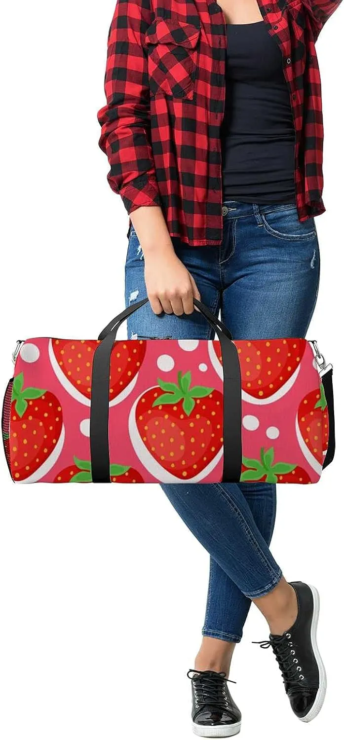 Sports Gym Bag for Women and Men Waterproof Cartoon Bright Strawberries Pattern Duffel Bag Lightweight Carryon Traveling Boarding Gripsack