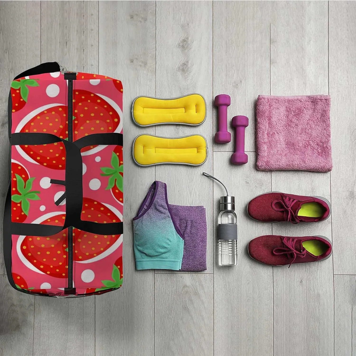 Sports Gym Bag for Women and Men Waterproof Cartoon Bright Strawberries Pattern Duffel Bag Lightweight Carryon Traveling Boarding Gripsack