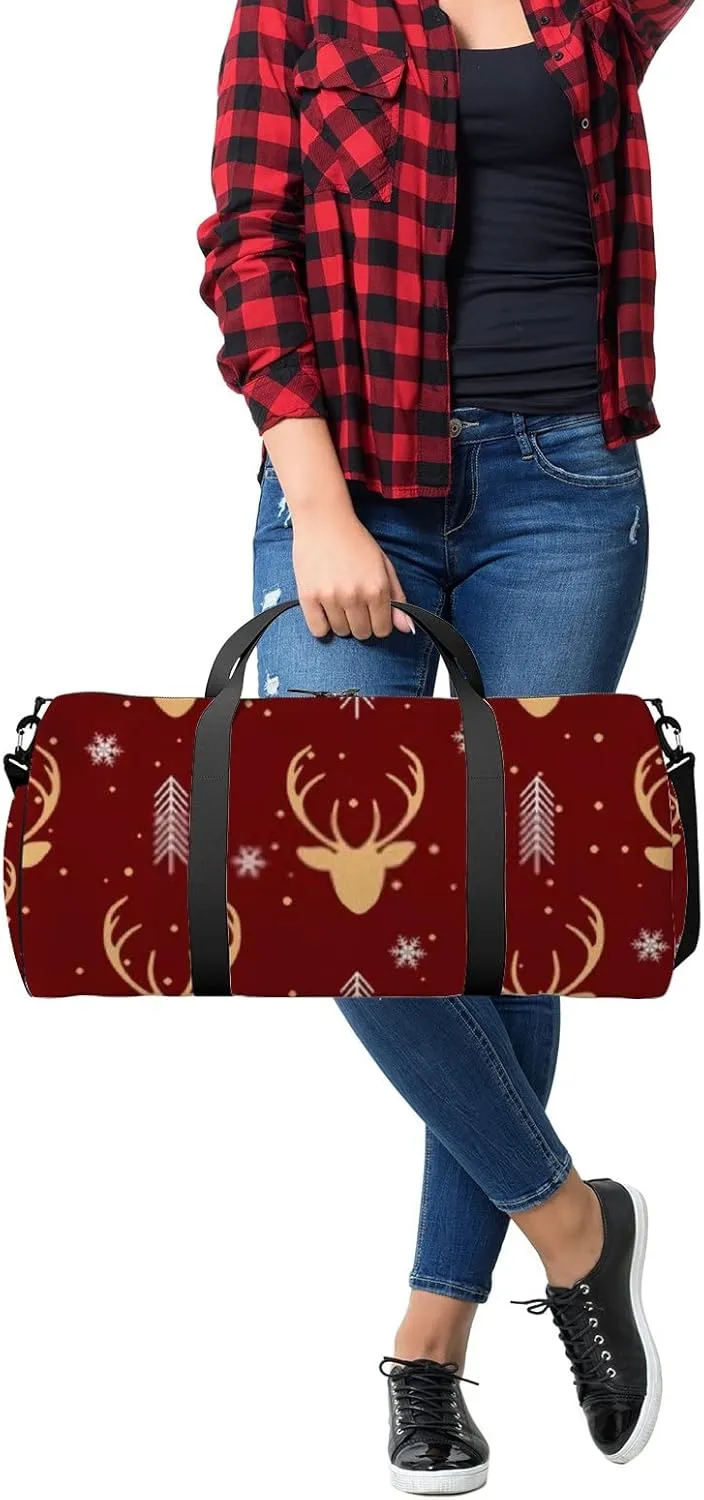 Sports Gym Bag for Women and Men Waterproof Cartoon Christmas Reindeer Winter Red Duffel Bag Lightweight Carryon Traveling Boarding Gripsack