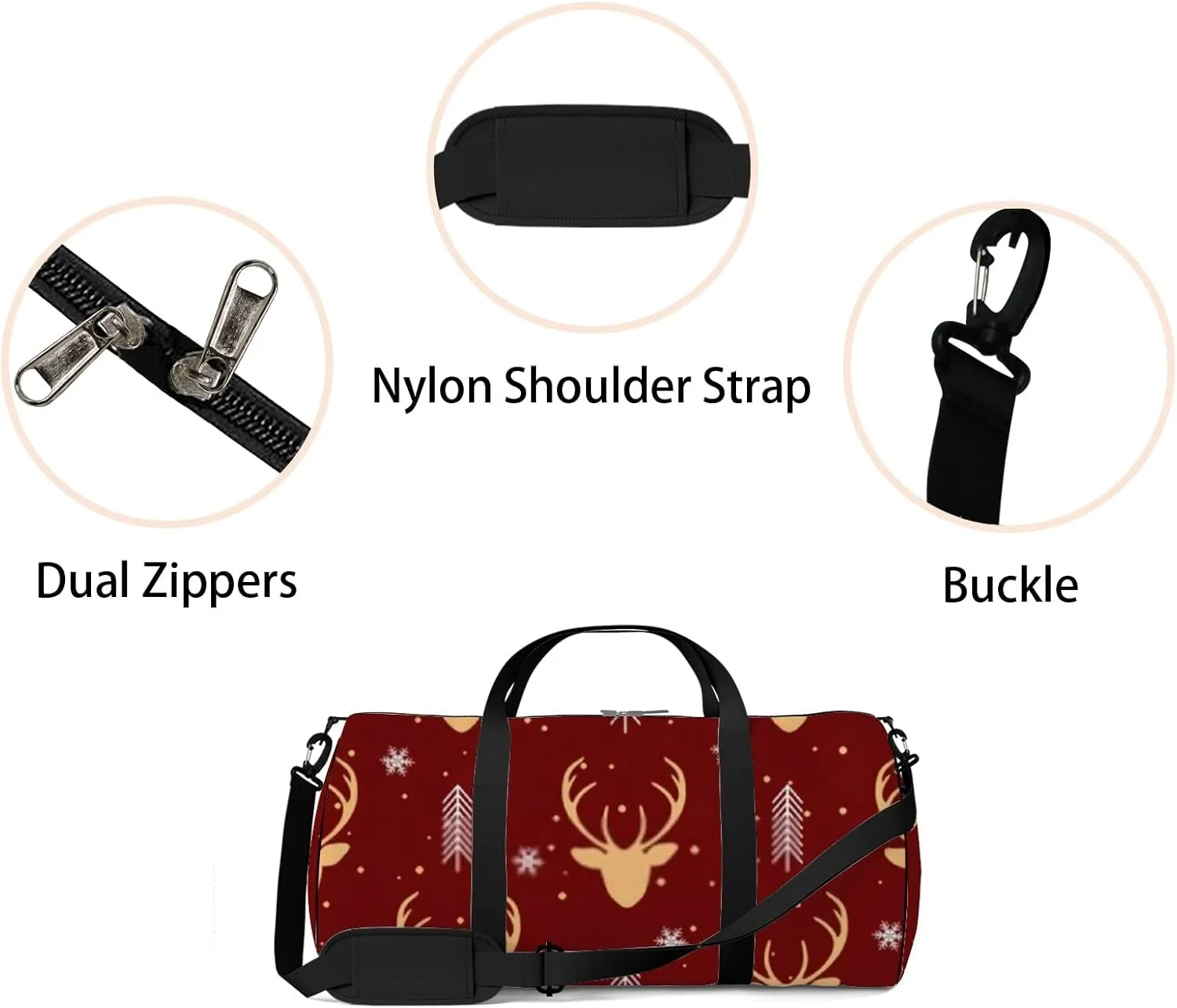 Sports Gym Bag for Women and Men Waterproof Cartoon Christmas Reindeer Winter Red Duffel Bag Lightweight Carryon Traveling Boarding Gripsack