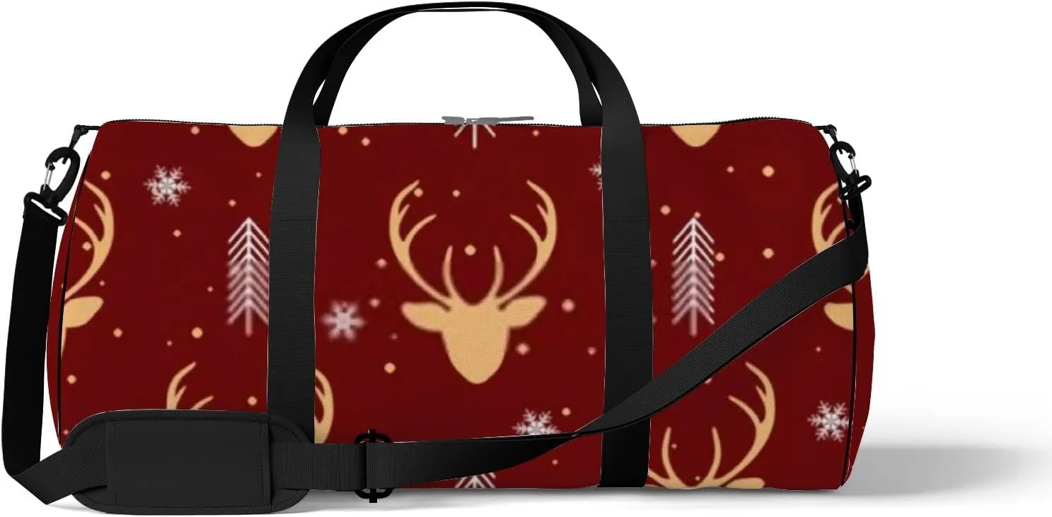 Sports Gym Bag for Women and Men Waterproof Cartoon Christmas Reindeer Winter Red Duffel Bag Lightweight Carryon Traveling Boarding Gripsack