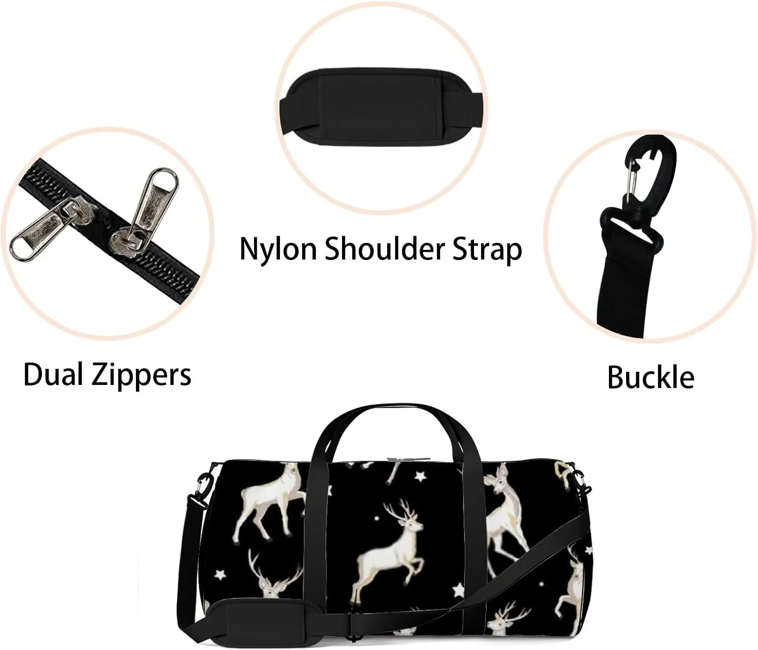 Sports Gym Bag for Women and Men Waterproof Cartoon Deer White Black Duffel Bag Lightweight Carryon Traveling Boarding Gripsack
