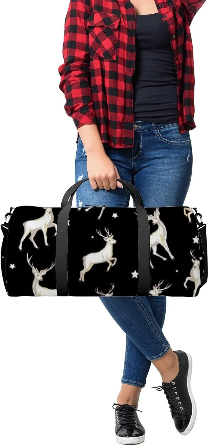 Sports Gym Bag for Women and Men Waterproof Cartoon Deer White Black Duffel Bag Lightweight Carryon Traveling Boarding Gripsack