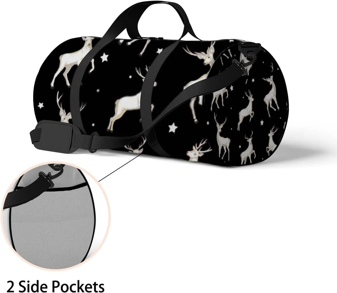 Sports Gym Bag for Women and Men Waterproof Cartoon Deer White Black Duffel Bag Lightweight Carryon Traveling Boarding Gripsack