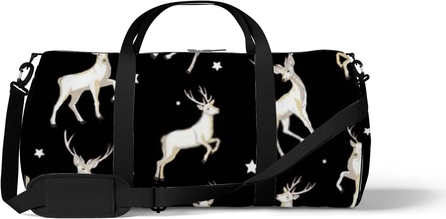 Sports Gym Bag for Women and Men Waterproof Cartoon Deer White Black Duffel Bag Lightweight Carryon Traveling Boarding Gripsack