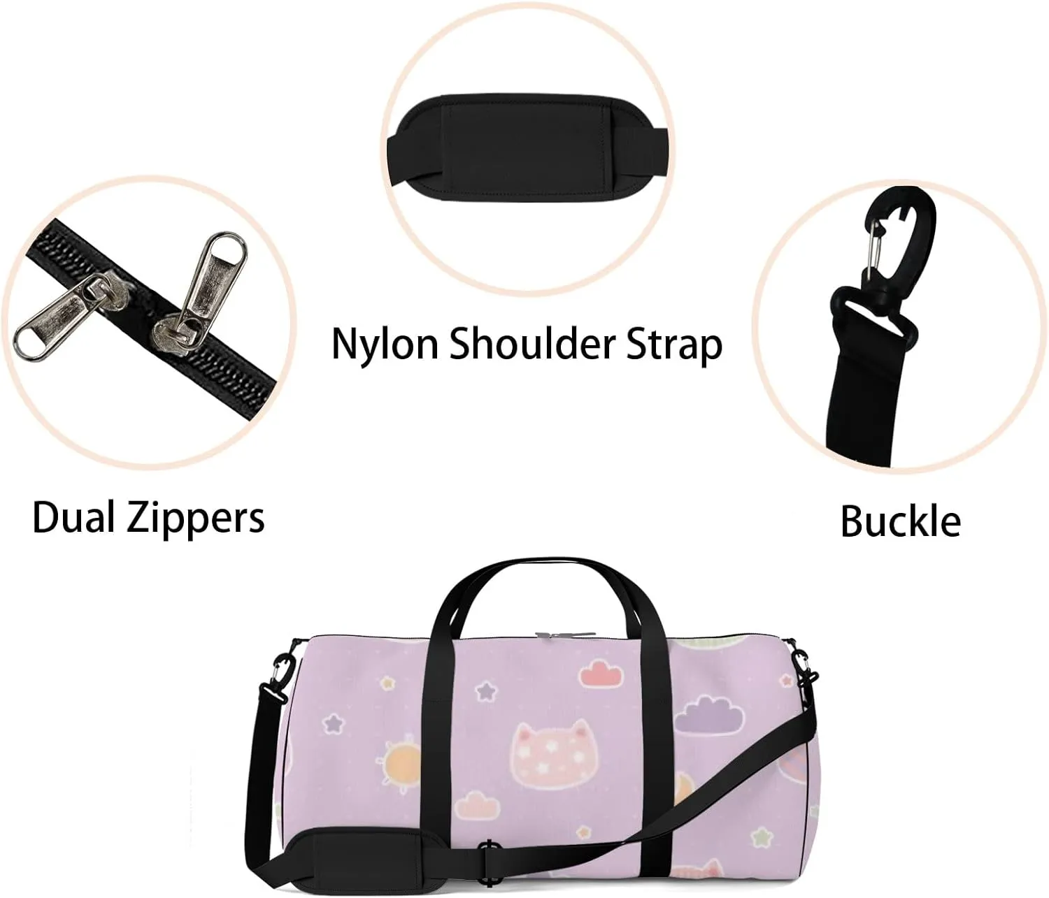Sports Gym Bag for Women and Men Waterproof Cartoon Doodle Cute Kitten Cat Head Purple Duffel Bag Lightweight Carryon Traveling Boarding Gripsack