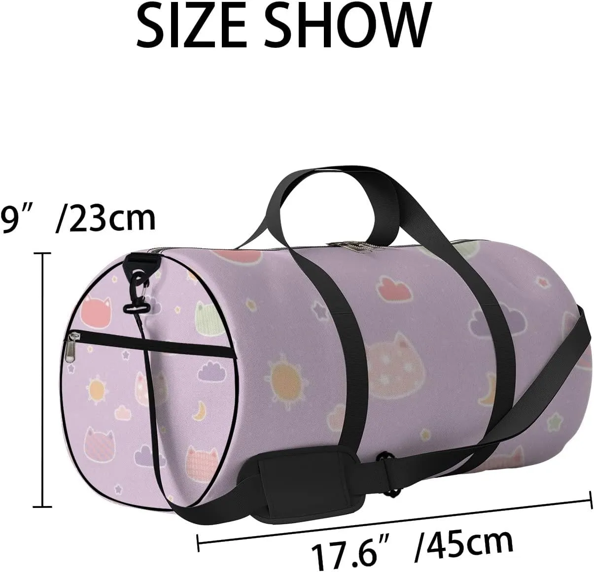 Sports Gym Bag for Women and Men Waterproof Cartoon Doodle Cute Kitten Cat Head Purple Duffel Bag Lightweight Carryon Traveling Boarding Gripsack