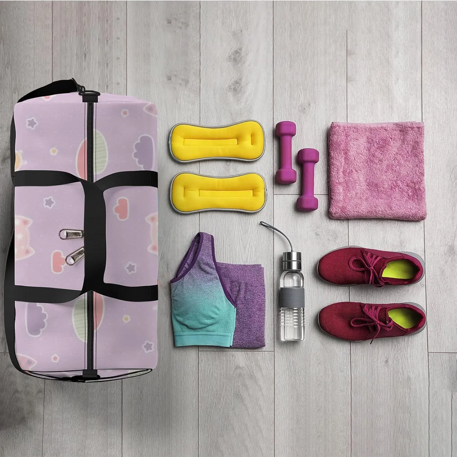 Sports Gym Bag for Women and Men Waterproof Cartoon Doodle Cute Kitten Cat Head Purple Duffel Bag Lightweight Carryon Traveling Boarding Gripsack