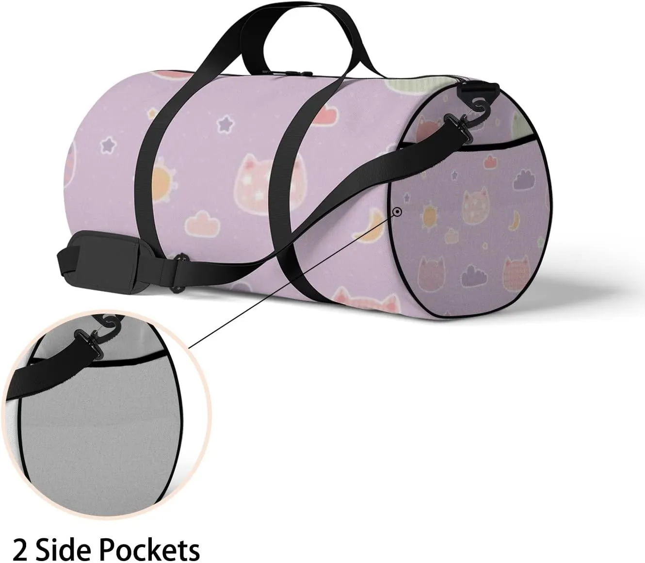 Sports Gym Bag for Women and Men Waterproof Cartoon Doodle Cute Kitten Cat Head Purple Duffel Bag Lightweight Carryon Traveling Boarding Gripsack