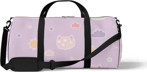 Sports Gym Bag for Women and Men Waterproof Cartoon Doodle Cute Kitten Cat Head Purple Duffel Bag Lightweight Carryon Traveling Boarding Gripsack
