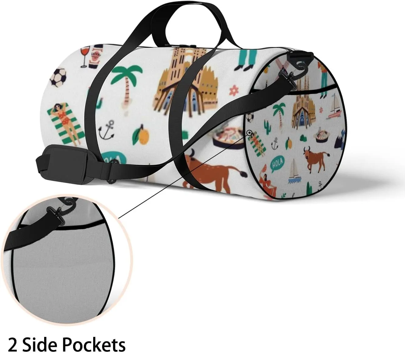 Sports Gym Bag for Women and Men Waterproof Colored Spanish Culture Pattern White Duffel Bag Lightweight Carryon Traveling Boarding Gripsack