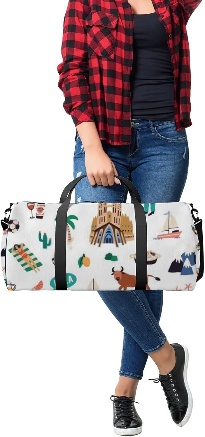 Sports Gym Bag for Women and Men Waterproof Colored Spanish Culture Pattern White Duffel Bag Lightweight Carryon Traveling Boarding Gripsack