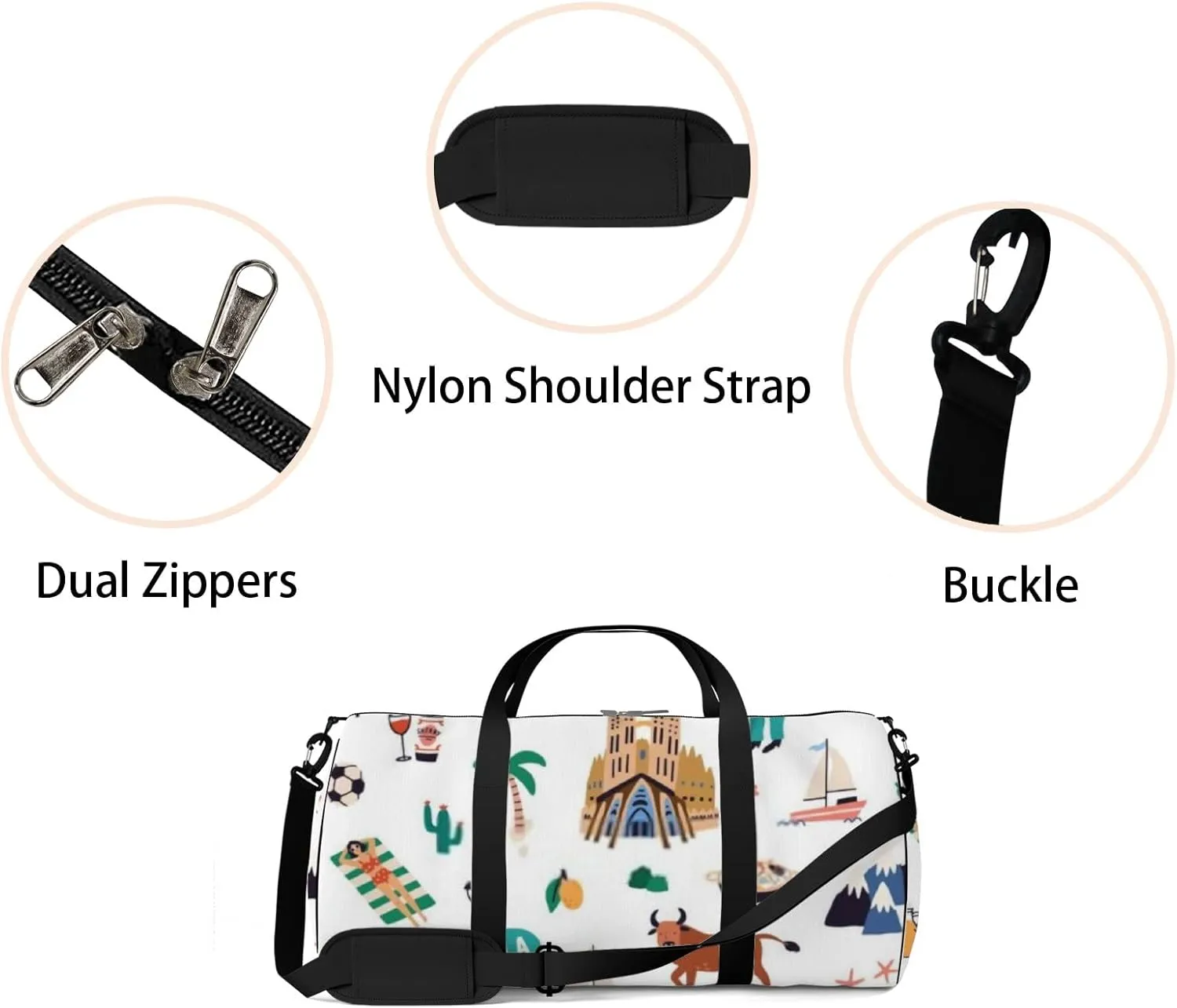 Sports Gym Bag for Women and Men Waterproof Colored Spanish Culture Pattern White Duffel Bag Lightweight Carryon Traveling Boarding Gripsack