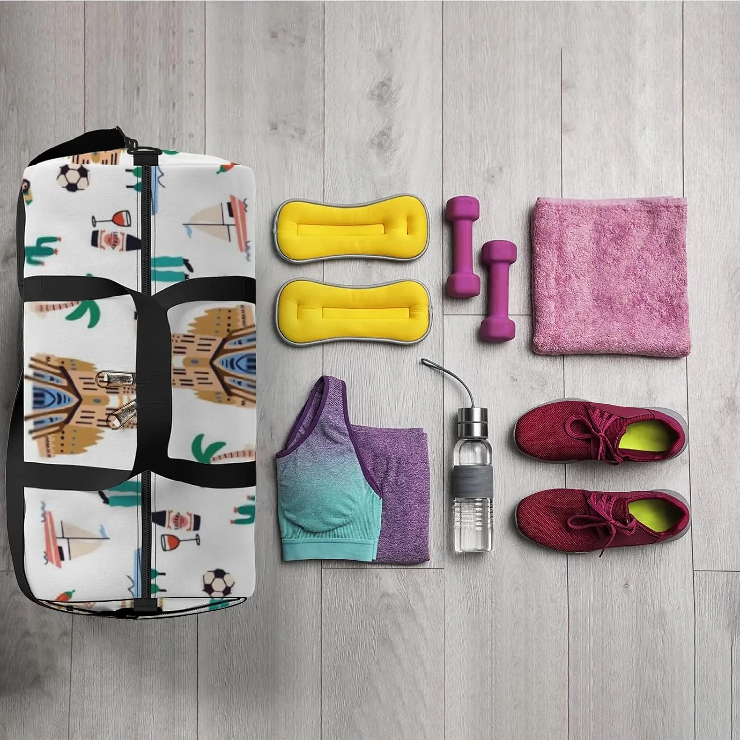 Sports Gym Bag for Women and Men Waterproof Colored Spanish Culture Pattern White Duffel Bag Lightweight Carryon Traveling Boarding Gripsack