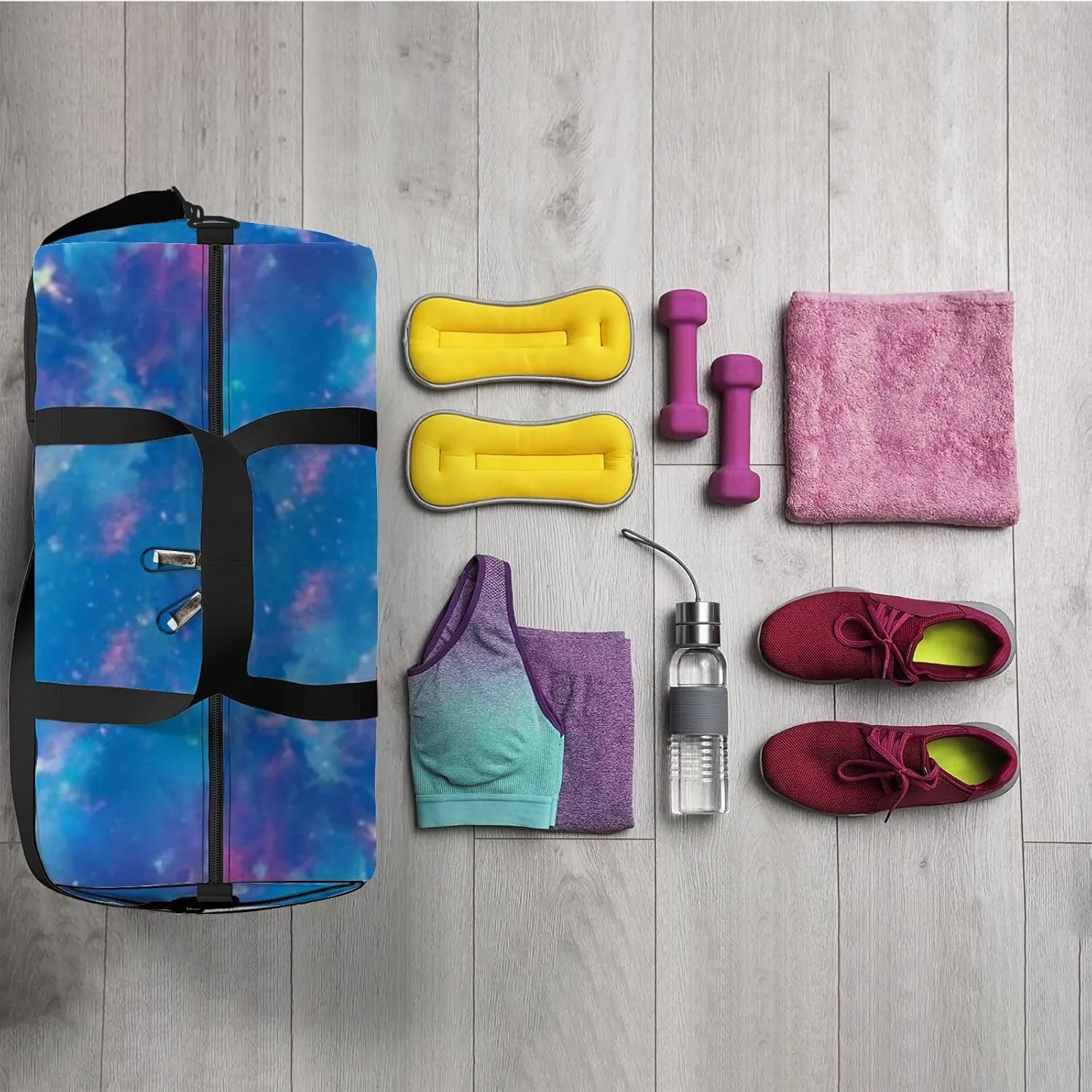 Sports Gym Bag for Women and Men Waterproof Cosmic Night Sky Blue Duffel Bag Lightweight Carryon Traveling Boarding Gripsack