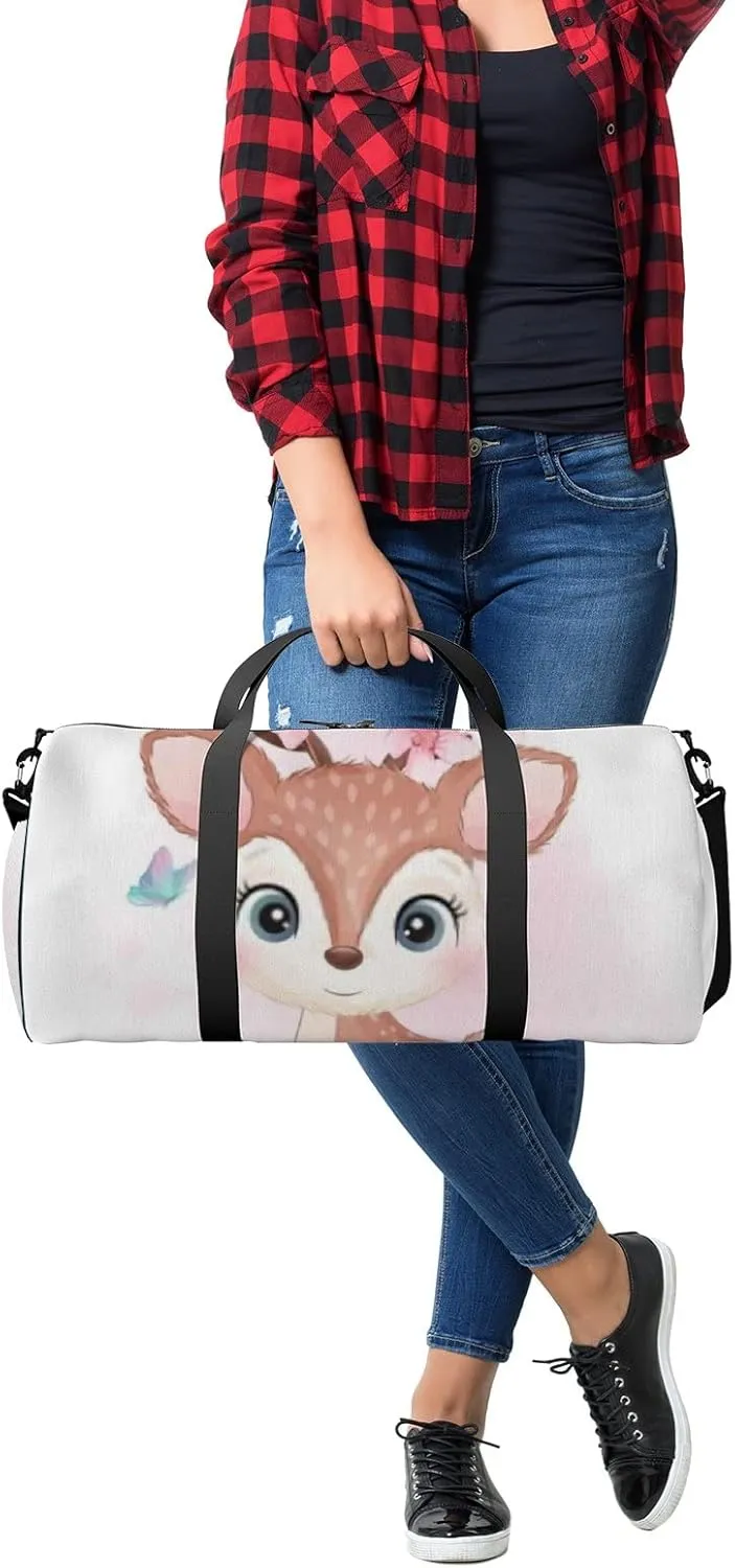 Sports Gym Bag for Women and Men Waterproof Cute Little Deer Watercolor Style Duffel Bag Lightweight Carryon Traveling Boarding Gripsack