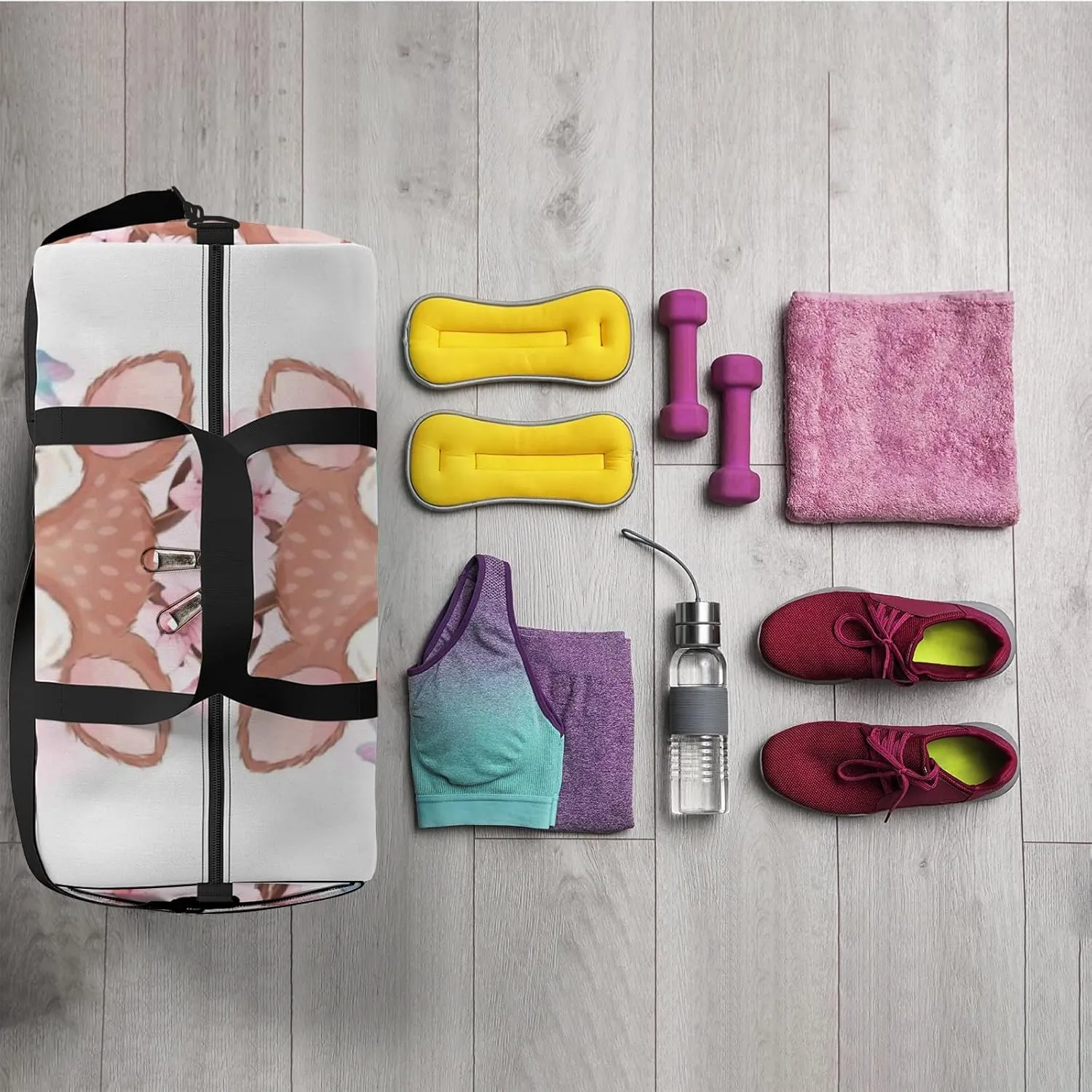 Sports Gym Bag for Women and Men Waterproof Cute Little Deer Watercolor Style Duffel Bag Lightweight Carryon Traveling Boarding Gripsack