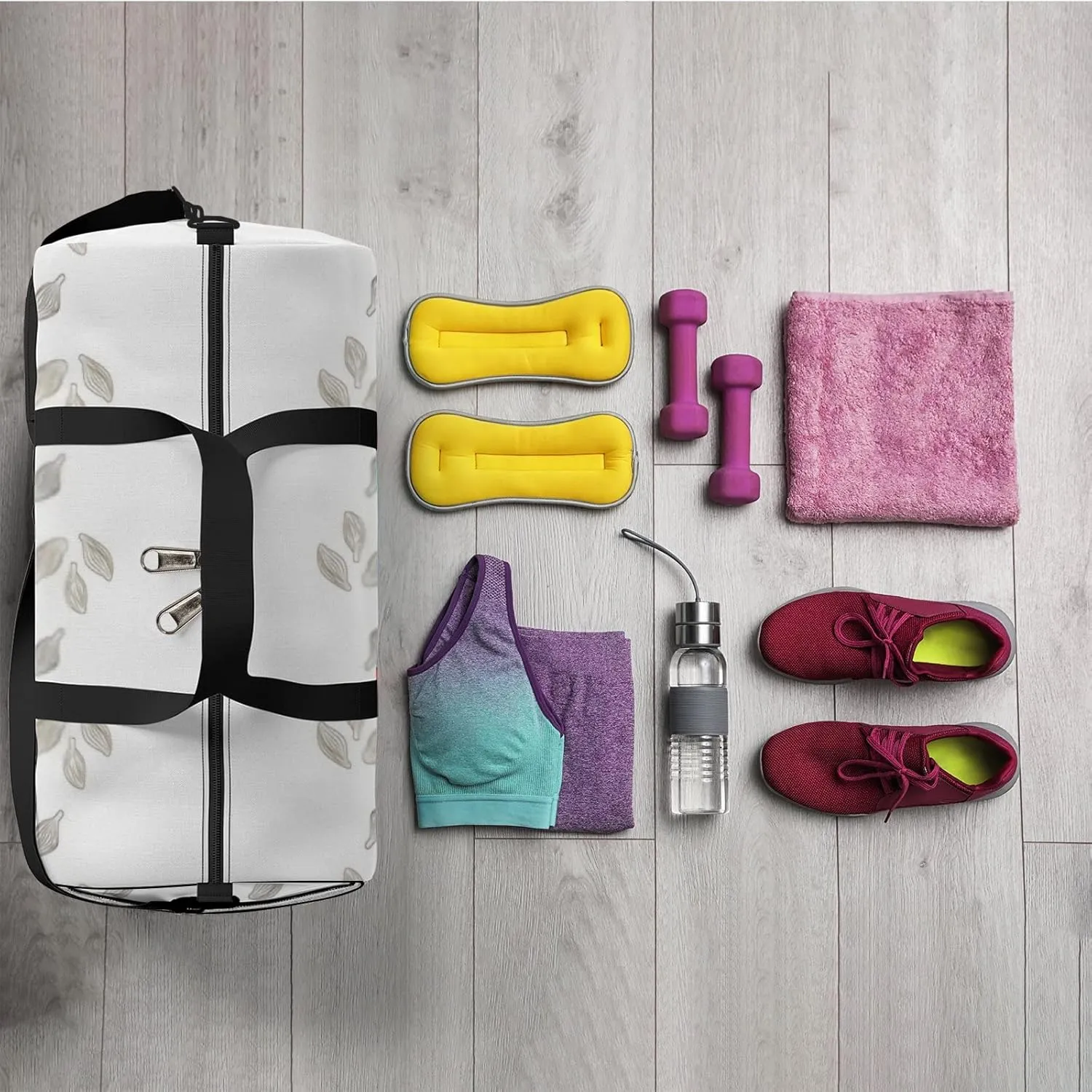 Sports Gym Bag for Women and Men Waterproof Cute Plant Sketch Style White Duffel Bag Lightweight Carryon Traveling Boarding Gripsack