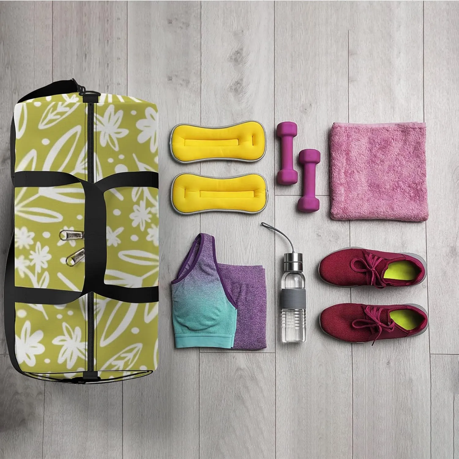 Sports Gym Bag for Women and Men Waterproof Cute Sketch Line Art Floral Pattern Doodle Style Duffel Bag Lightweight Carryon Traveling Boarding Gripsack