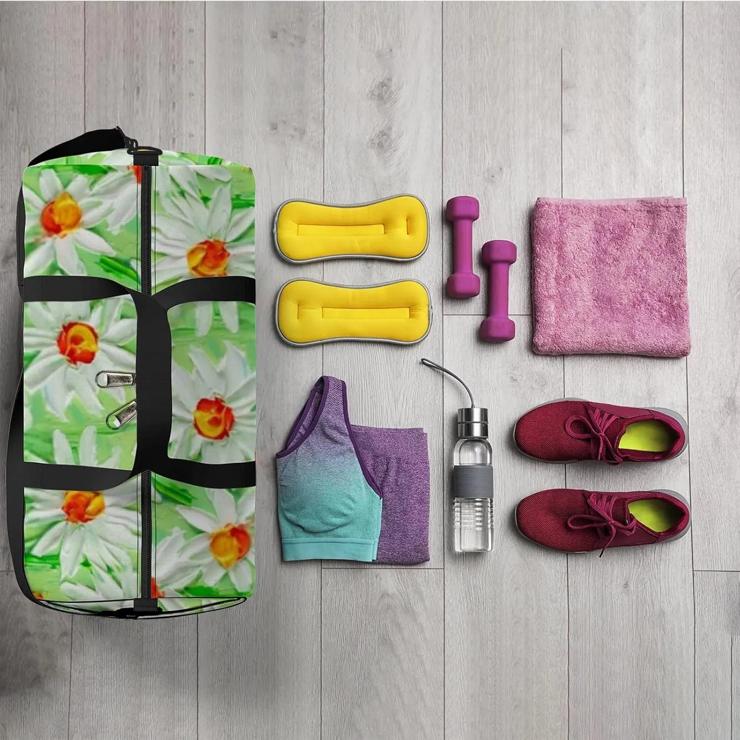 Sports Gym Bag for Women and Men Waterproof Daisy Field Oil Painting Green Duffel Bag Lightweight Carryon Traveling Boarding Gripsack