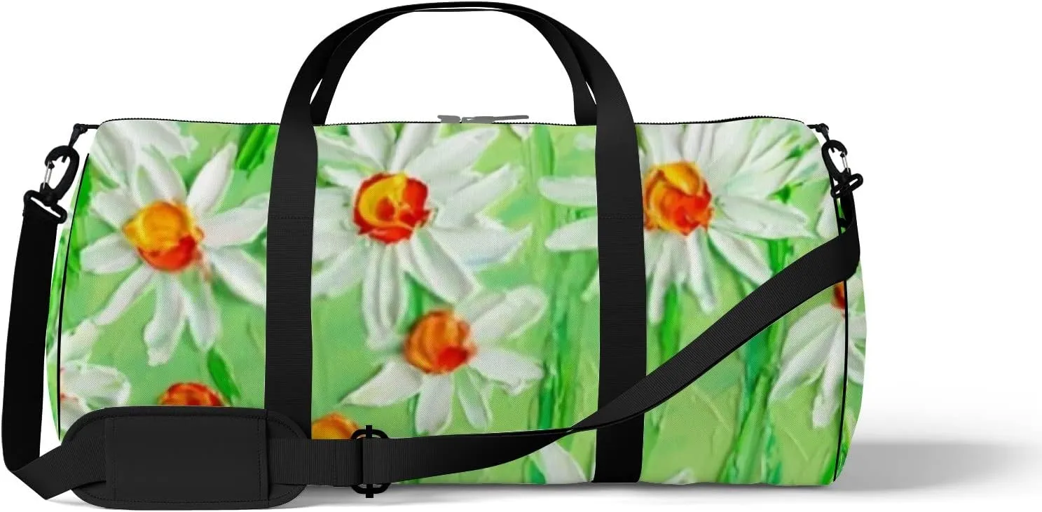 Sports Gym Bag for Women and Men Waterproof Daisy Field Oil Painting Green Duffel Bag Lightweight Carryon Traveling Boarding Gripsack
