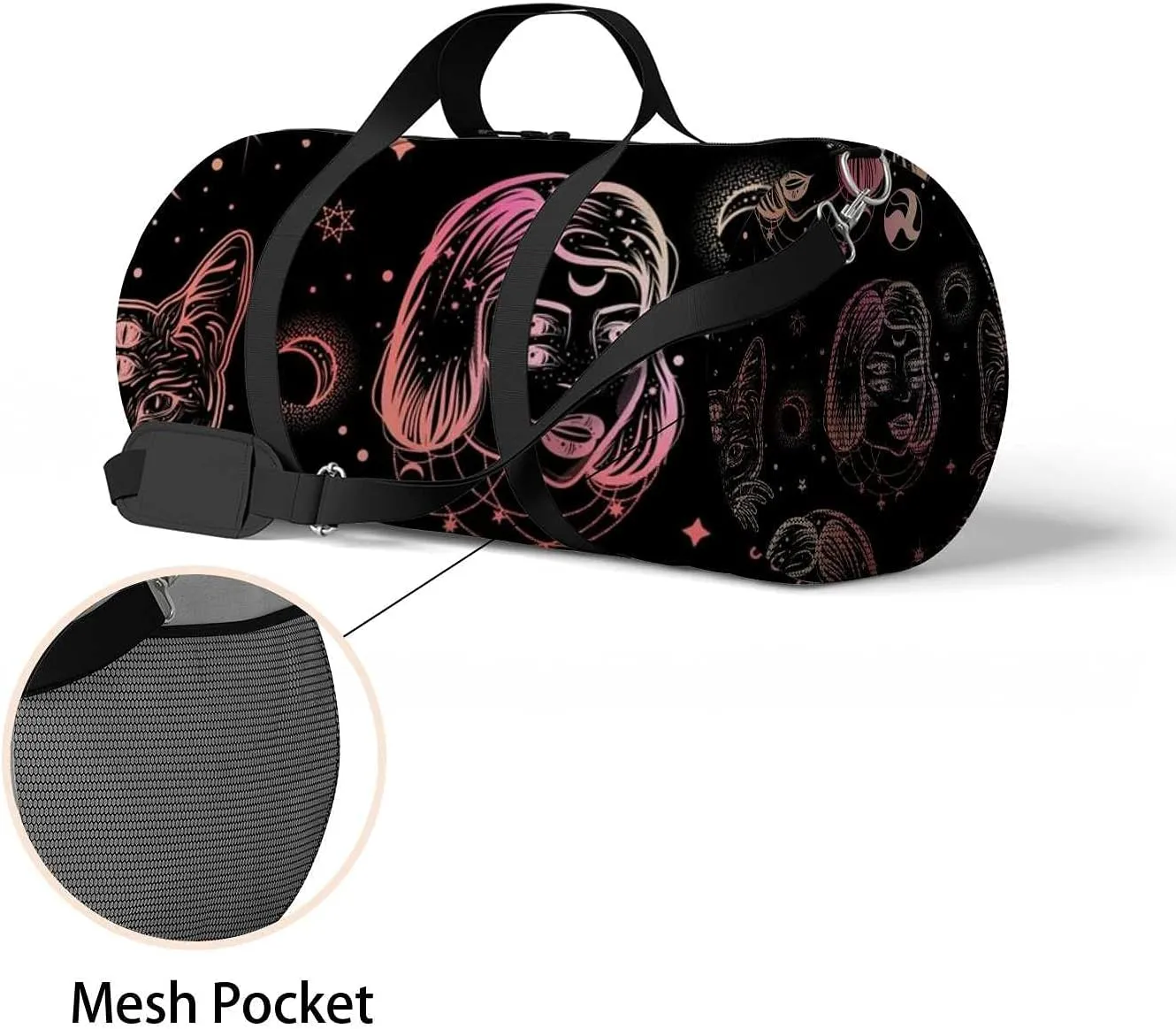Sports Gym Bag for Women and Men Waterproof Dark Pattern Cat Art Duffel Bag Lightweight Carryon Traveling Boarding Gripsack
