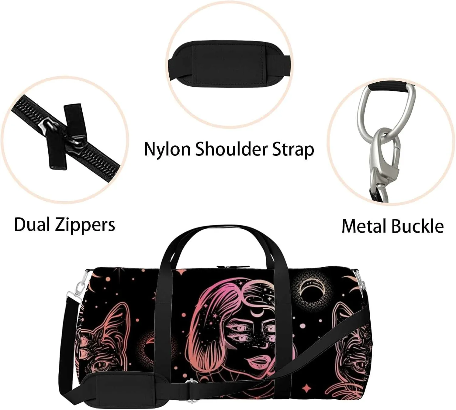 Sports Gym Bag for Women and Men Waterproof Dark Pattern Cat Art Duffel Bag Lightweight Carryon Traveling Boarding Gripsack