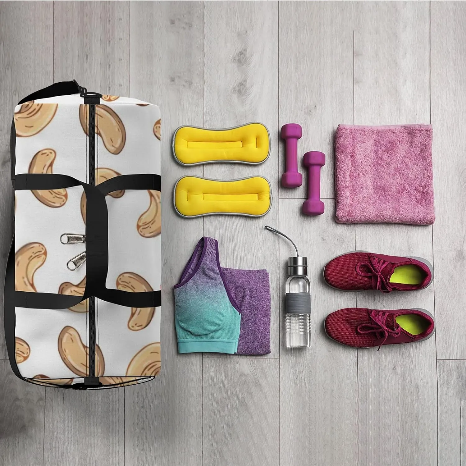 Sports Gym Bag for Women and Men Waterproof Doodle Cashews Pattern Beige Duffel Bag Lightweight Carryon Traveling Boarding Gripsack