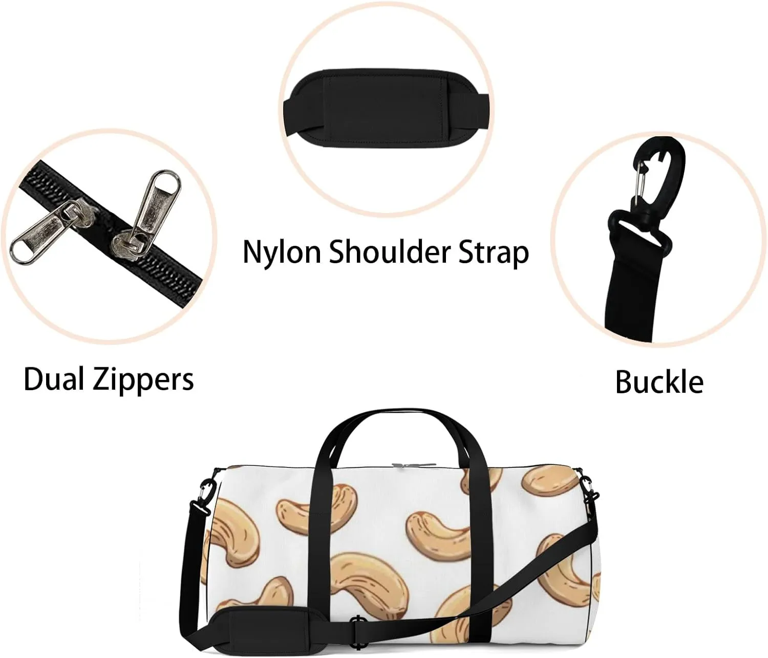 Sports Gym Bag for Women and Men Waterproof Doodle Cashews Pattern Beige Duffel Bag Lightweight Carryon Traveling Boarding Gripsack