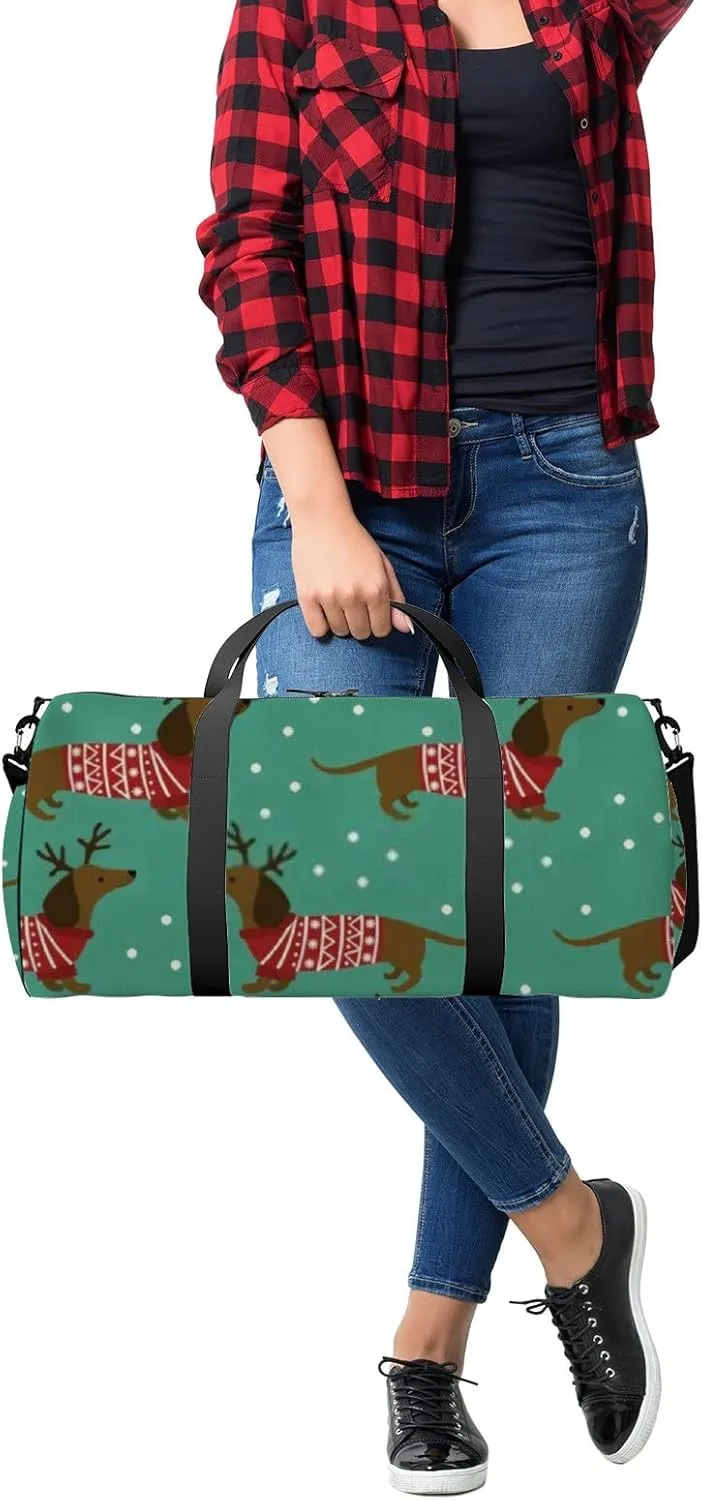 Sports Gym Bag for Women and Men Waterproof Dutchshunds Christmas Jumpers Blue Duffel Bag Lightweight Carryon Traveling Boarding Gripsack