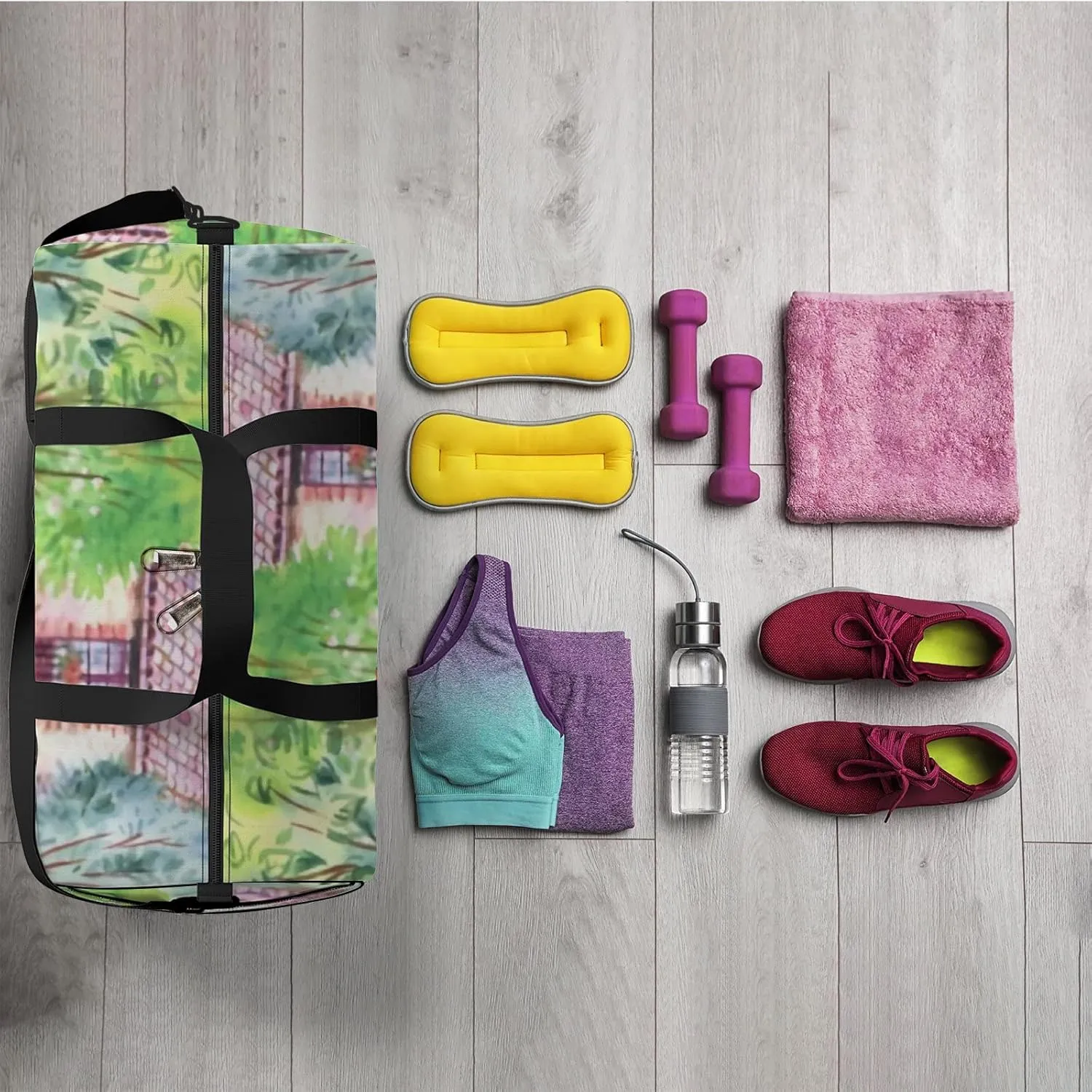 Sports Gym Bag for Women and Men Waterproof Garden Watercolor Landscape Duffel Bag Lightweight Carryon Traveling Boarding Gripsack