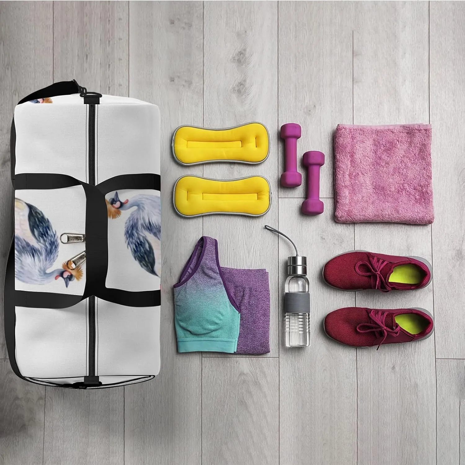 Sports Gym Bag for Women and Men Waterproof Grey Crowned Crane Watercolor Style Duffel Bag Lightweight Carryon Traveling Boarding Gripsack