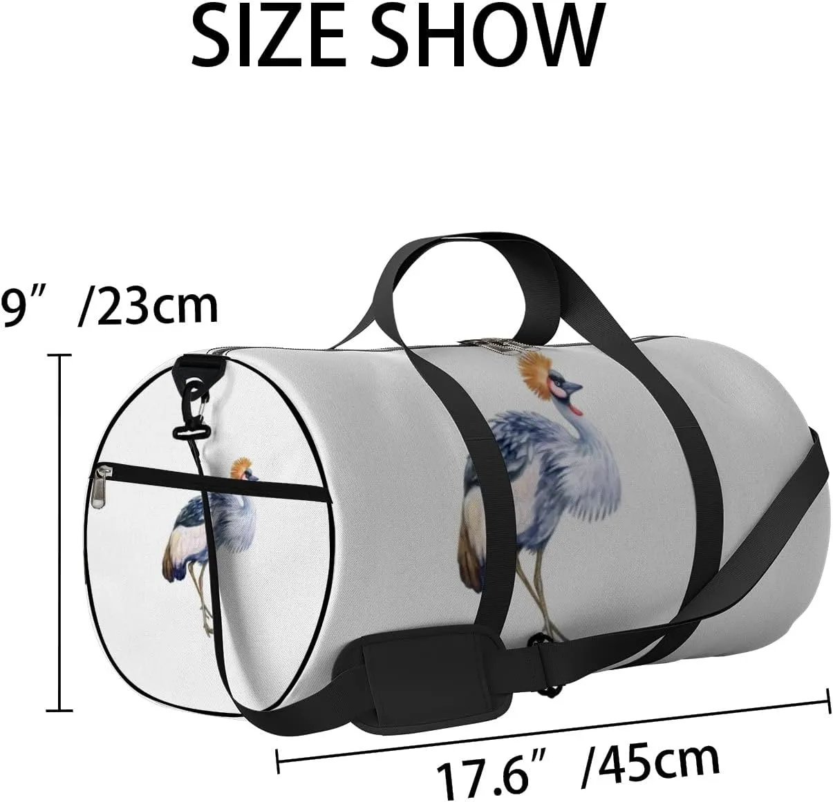 Sports Gym Bag for Women and Men Waterproof Grey Crowned Crane Watercolor Style Duffel Bag Lightweight Carryon Traveling Boarding Gripsack