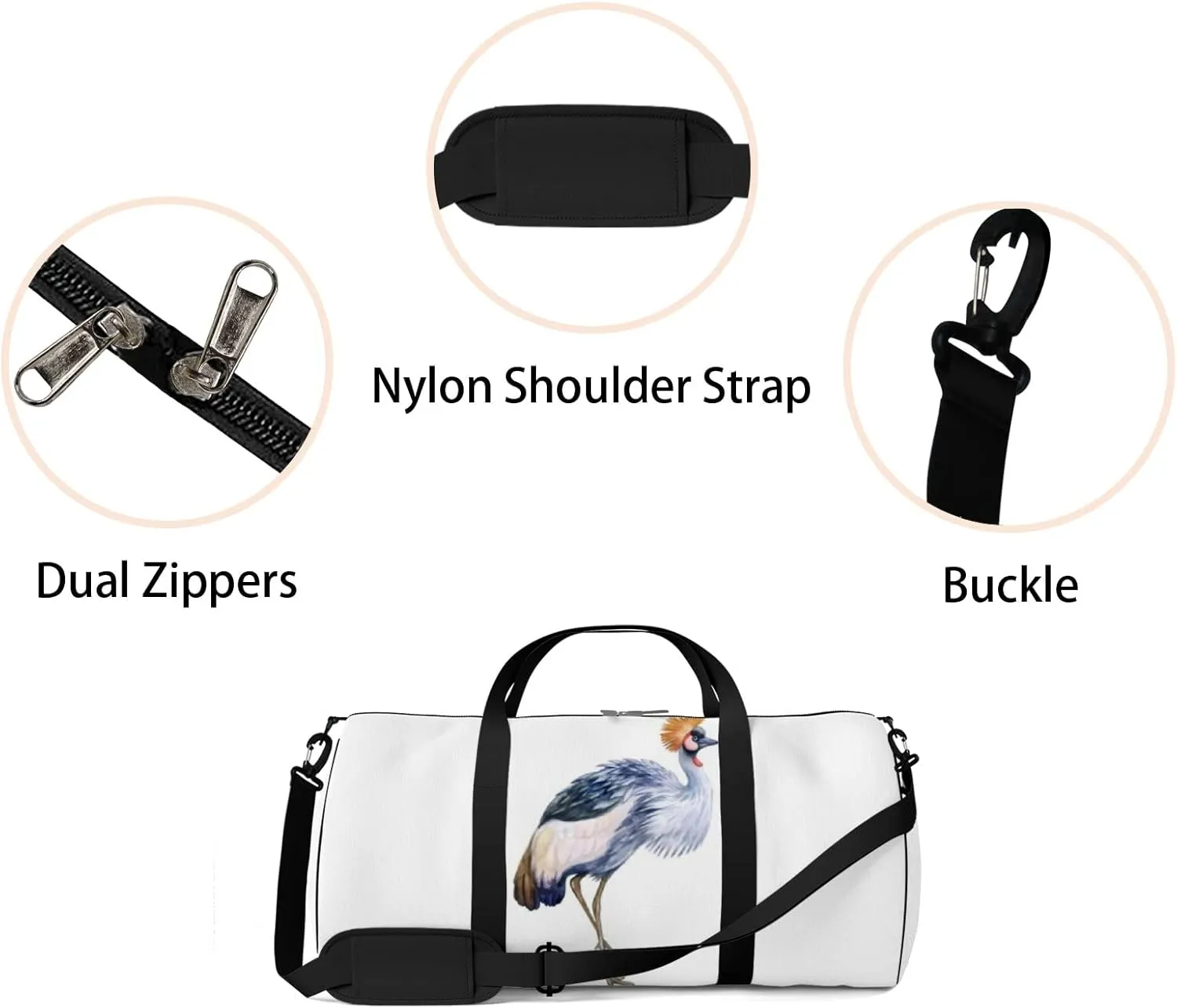 Sports Gym Bag for Women and Men Waterproof Grey Crowned Crane Watercolor Style Duffel Bag Lightweight Carryon Traveling Boarding Gripsack
