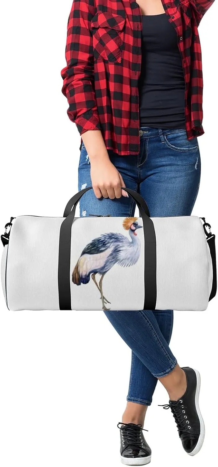 Sports Gym Bag for Women and Men Waterproof Grey Crowned Crane Watercolor Style Duffel Bag Lightweight Carryon Traveling Boarding Gripsack