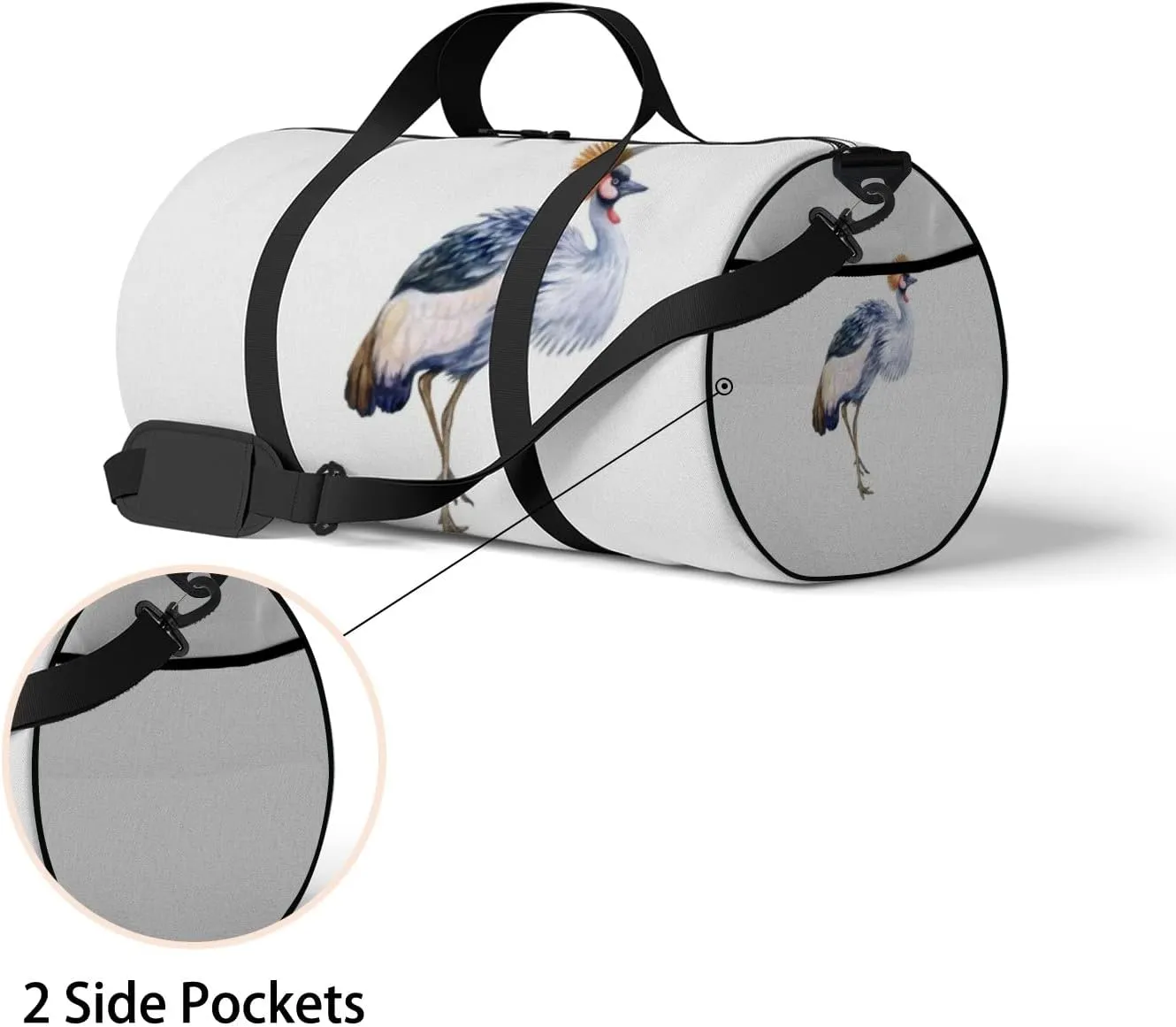 Sports Gym Bag for Women and Men Waterproof Grey Crowned Crane Watercolor Style Duffel Bag Lightweight Carryon Traveling Boarding Gripsack